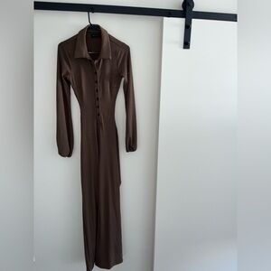 Urban Outfitters Brown Ribbed Long Sleeve Button Front Open Back Jumpsuit
